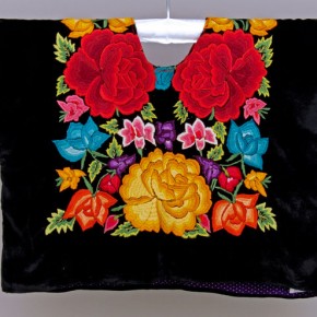 Huipil, 1970s–1980s. Velvet hand-embroidered with cotton thread, using a long and short stitch