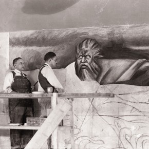 José Clemente Orozco at work on The Departure of Quetzalcoatl, a panel of the mural The Epic of American Civilization at Dartmouth University 1932-33.